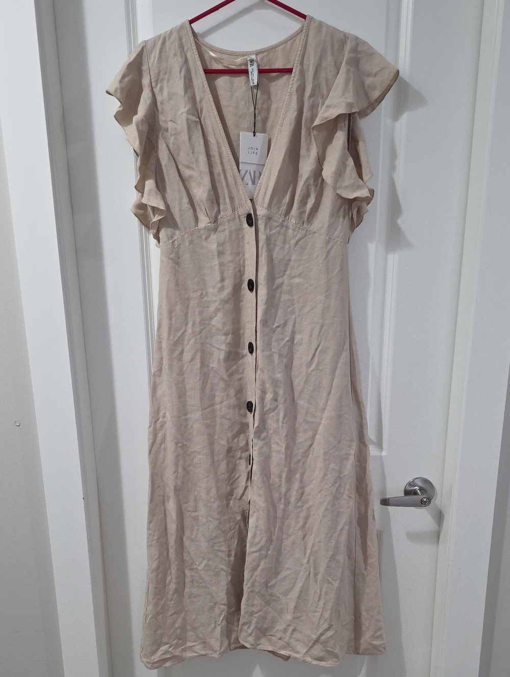 New! ZARA Linen Lyocell Blend Button-Front Maxi Dress with Ruffle Sleeves